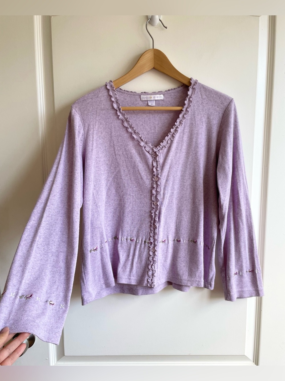 Vintage Y2K Lavender Pointelle Ruffle Floral Cardigan M Boxy Fit Coquette Fairy
